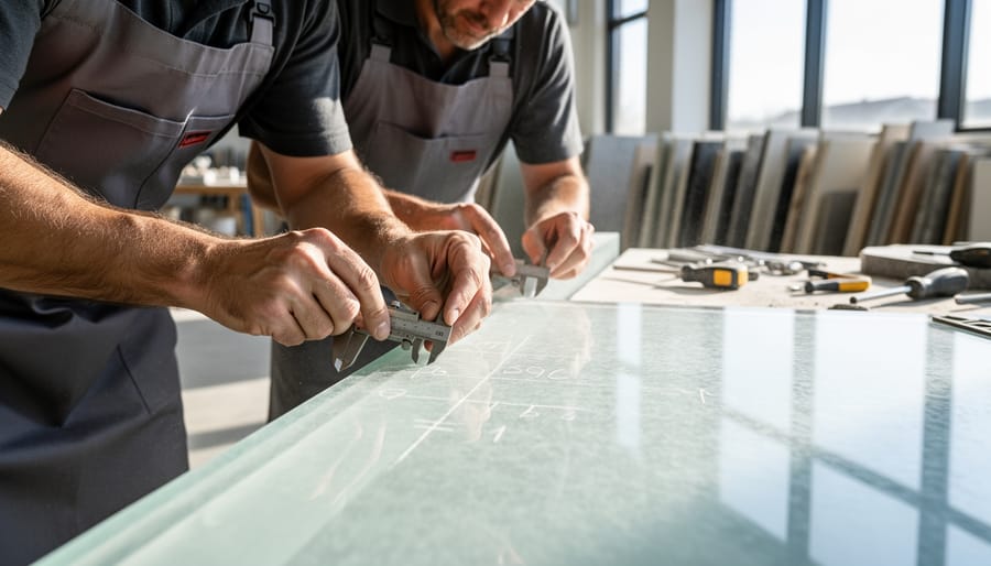 Craftsman measuring thickness of translucent stone slab with precision calipers