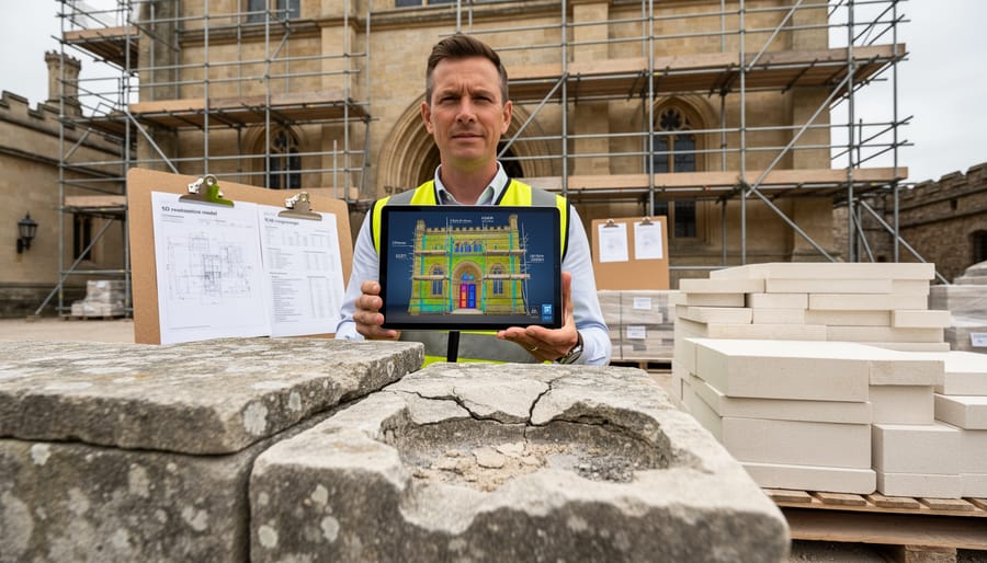 Close-up of weathered stone surface showing erosion, cracks, and material deterioration