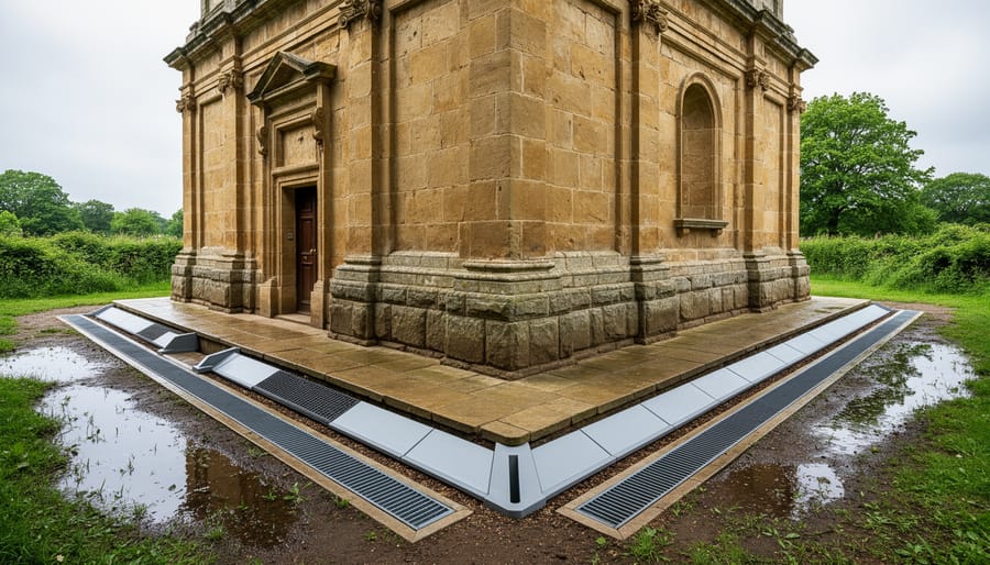 Modern drainage installation at the base of historic stone wall for water management