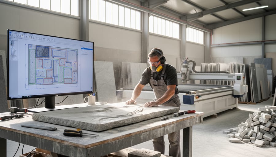 Stone fabricator measuring and marking granite slab in professional workshop