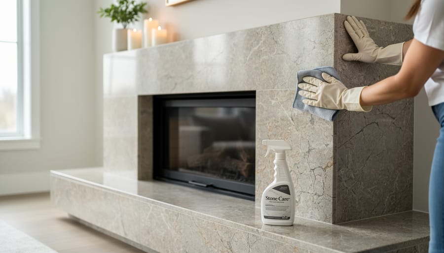 Person cleaning natural stone fireplace surround with microfiber cloth