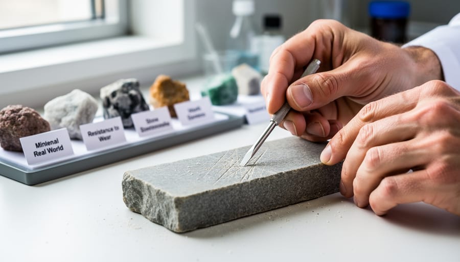 Hardness test being performed on marble stone sample showing scratch resistance
