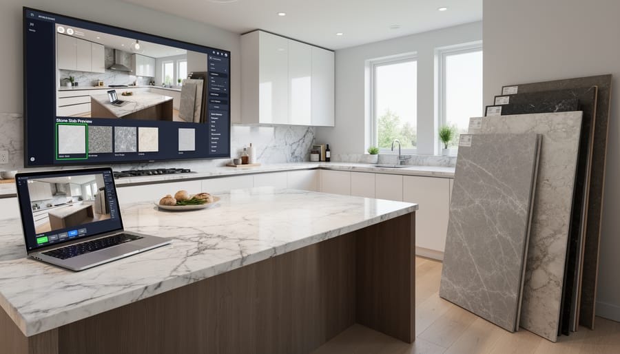 Luxury kitchen with marble countertops and backsplash showing matched veining patterns