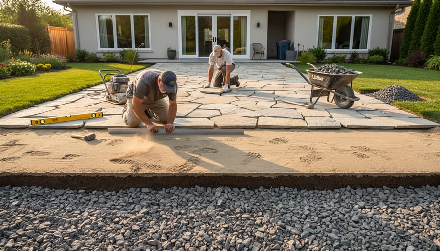 Professional mason installing natural stone patio on prepared base