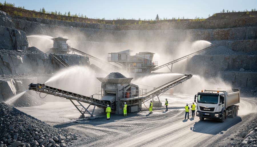Aerial view of stone quarry with dust plume from crushing operations