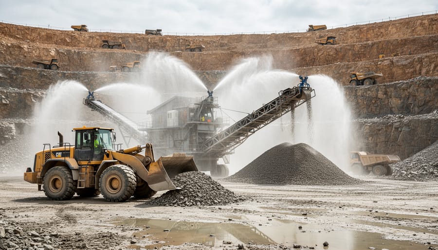 Active stone quarry with mist cannons spraying at a crusher and conveyor to control dust, wheel loader operating in foreground, terraced rock walls and haul trucks in the background under overcast light.