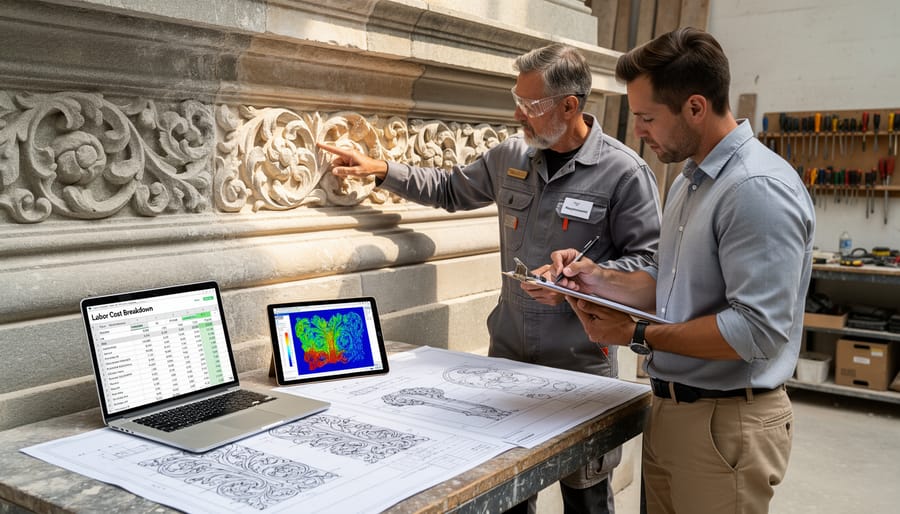 Stonemason carving replacement stone block during historic building restoration