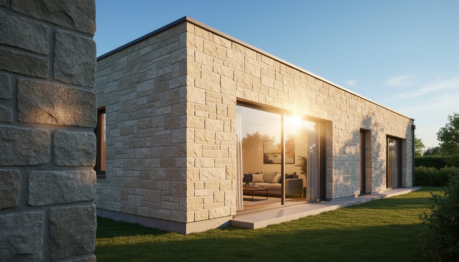 Interior stone wall with sunlight creating shadow patterns showing thermal mass properties