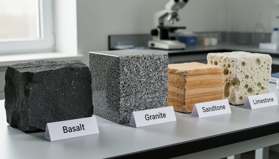 Comparison of granite, basalt, and sandstone specimens showing different textures and densities