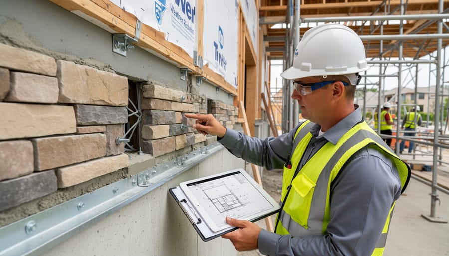 Building inspector reviewing anchored stone veneer installation for code compliance