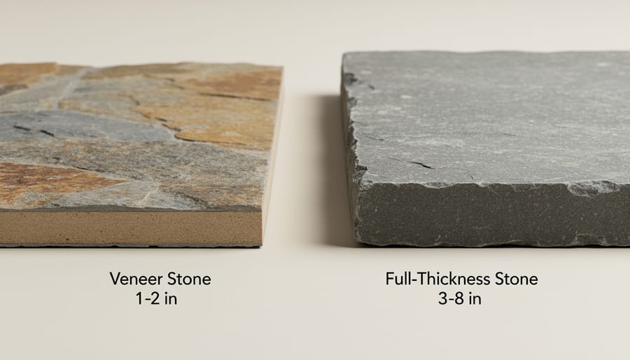 Side view comparison showing the reduced thickness of stone veneer versus full-thickness stone