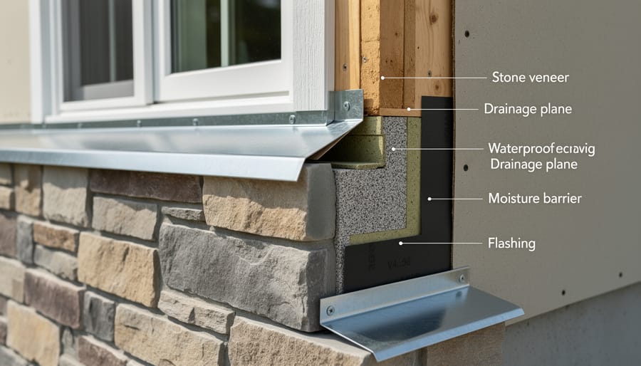 Weather barrier and flashing installation detail for anchored stone veneer water management