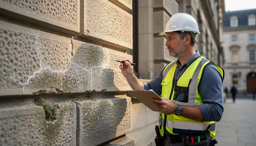 Conservation professional examining historic stone wall texture during vulnerability assessment