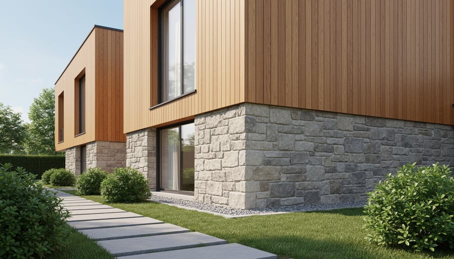 Modern home exterior with stone foundation and wood siding combination