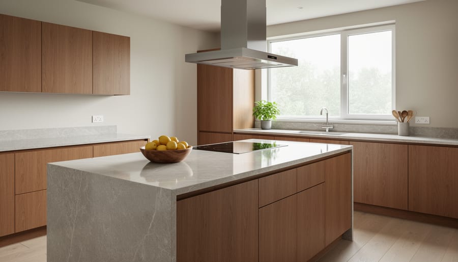 Modern kitchen with marble stone countertops and walnut wood cabinetry