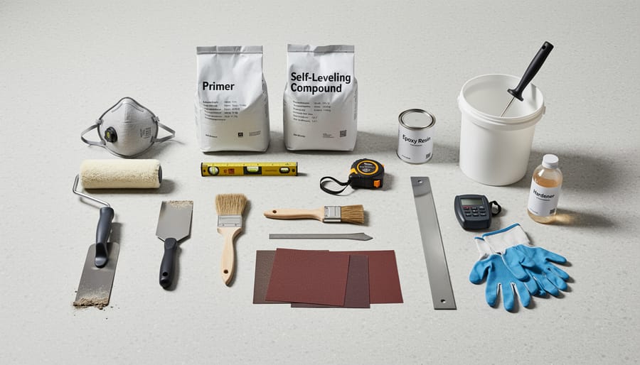 Organized collection of substrate preparation tools including primer, trowels, and testing equipment