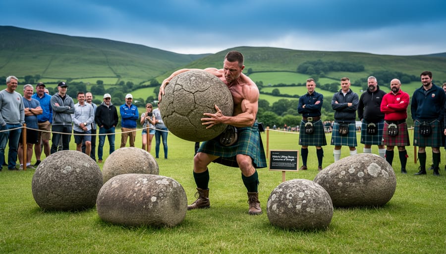 Highland Games athlete lifting large granite stone in traditional strongman competition