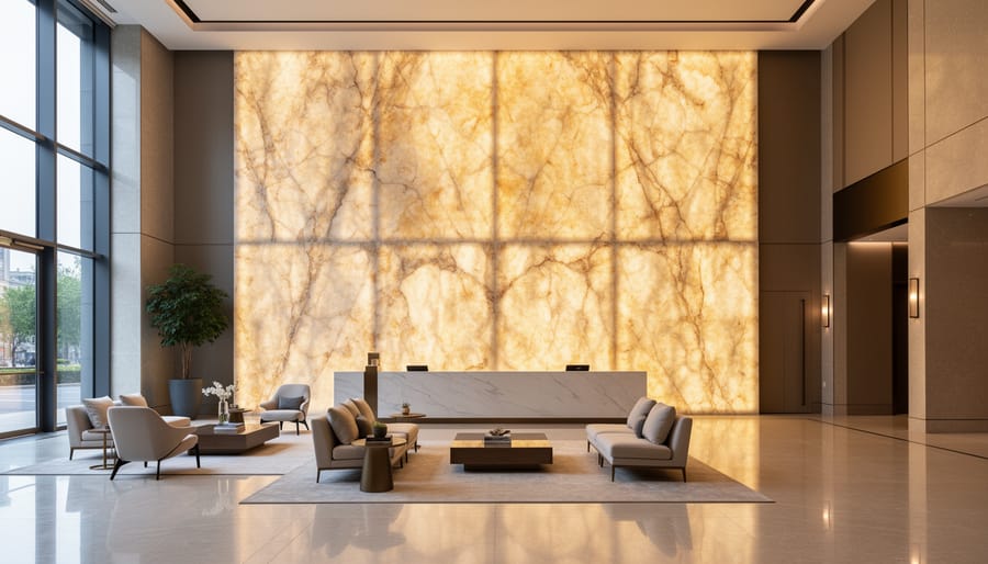 Backlit translucent stone feature wall in upscale restaurant creating warm ambient atmosphere