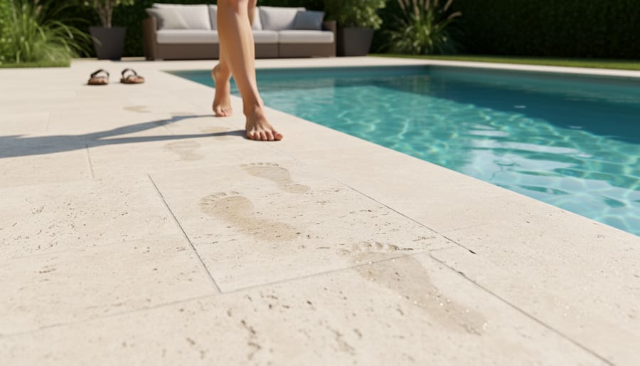 Travertine patio stone surface with water droplets near swimming pool