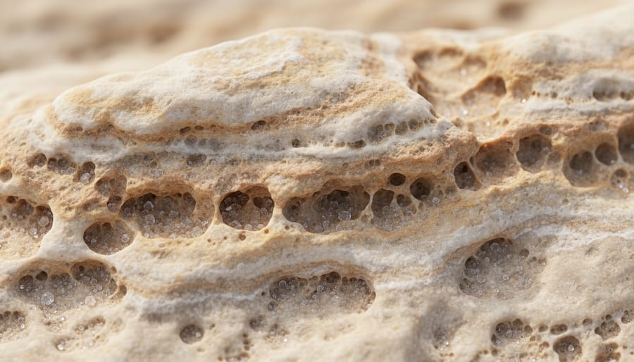 Macro close-up of travertine stone surface showing natural porous texture and holes