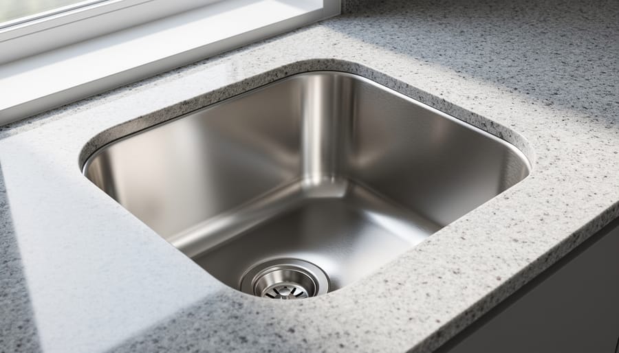 Overhead view of stainless steel undermount sink in granite countertop cutout