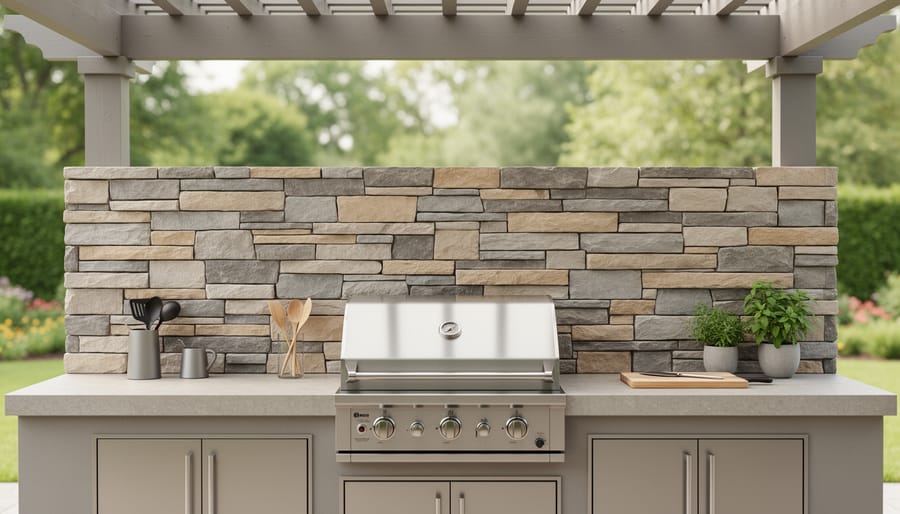 Slate stone veneer backsplash installation behind outdoor kitchen grill
