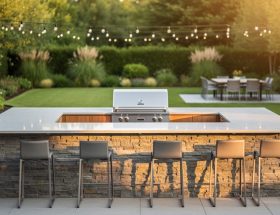 Modern outdoor kitchen island clad in stacked stone veneer with stainless steel grill and bar seating, photographed at golden hour with a softly blurred landscaped backyard and string lights.