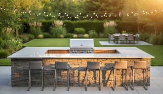 Modern outdoor kitchen island clad in stacked stone veneer with stainless steel grill and bar seating, photographed at golden hour with a softly blurred landscaped backyard and string lights.