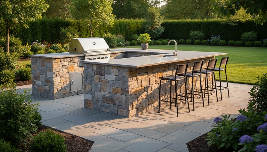 Outdoor kitchen island base featuring natural stone veneer in warm gray tones