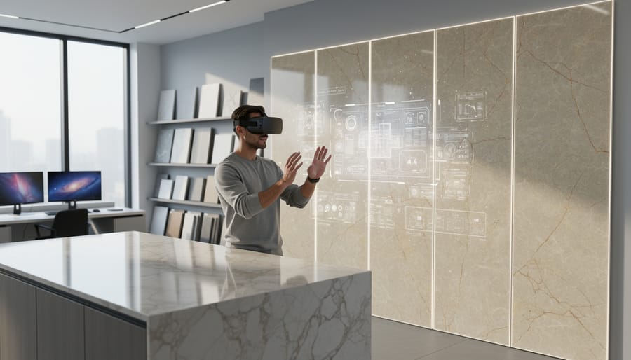 Architect wearing a VR headset evaluates a life-size virtual marble wall with vein-matched panels and a quartzite island in a modern studio, with stone samples and blurred monitors in the background.