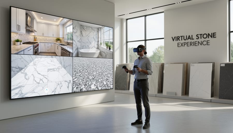 Person wearing VR headset interacting with virtual stone surfaces in showroom