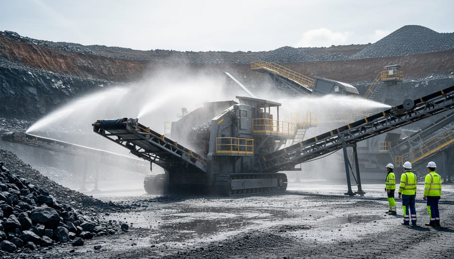 Industrial water misting system controlling dust at stone crushing facility