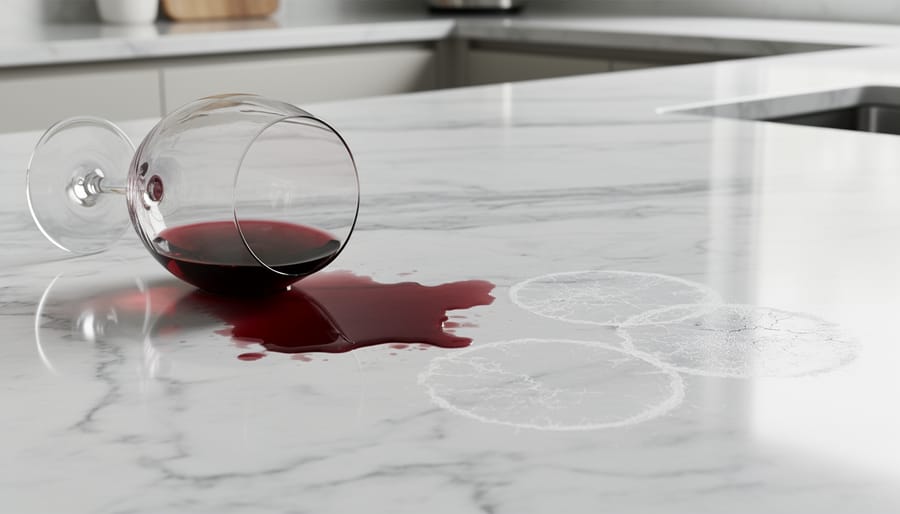 Red wine spilling on white marble countertop showing chemical damage risk