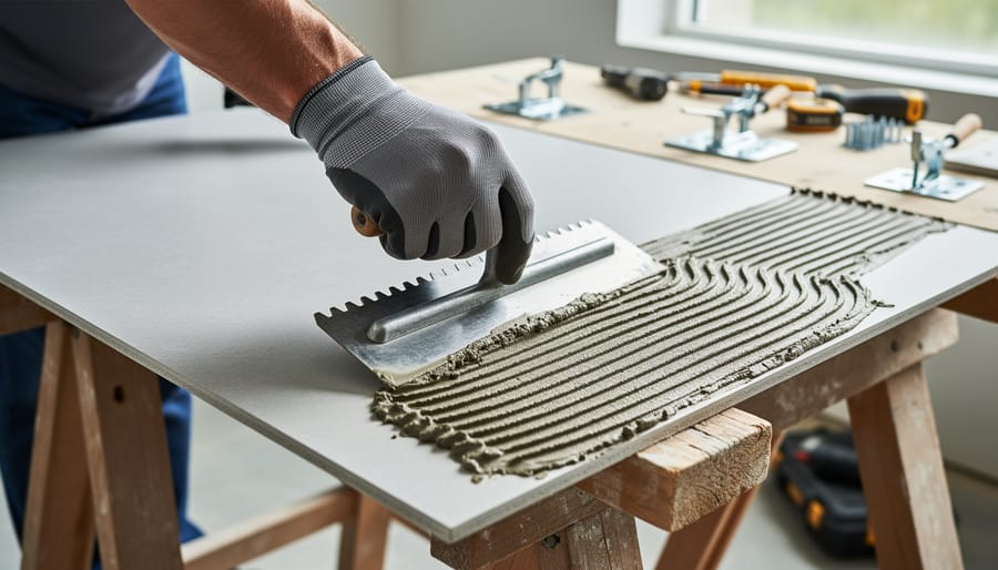 Gloved installer spreading thin-set mortar in a Z-shaped pattern on the back of a large-format porcelain slab with a notched trowel, workshop tools softly blurred behind.