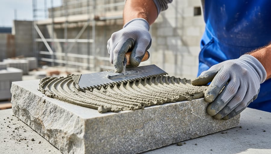 Professional installer applying mortar in zigzag pattern with notched trowel