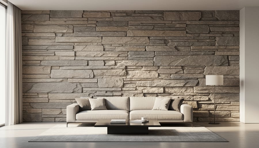 Carved stone wall with three-dimensional wave pattern creating textural depth and shadow play