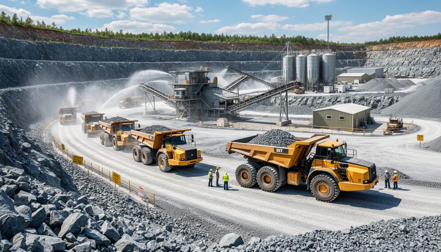 Wide view of active granite quarry showing multi-level extraction operations and heavy equipment