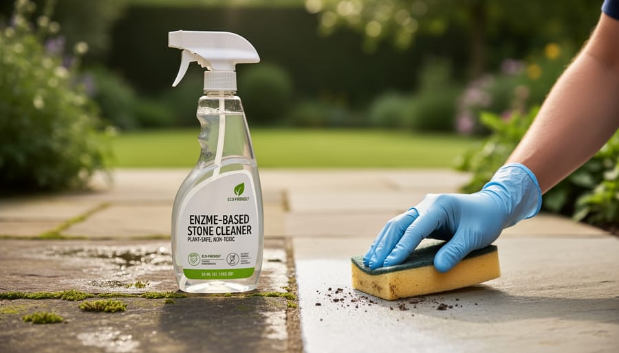 Hand applying biological cleaning solution to algae-covered stone surface
