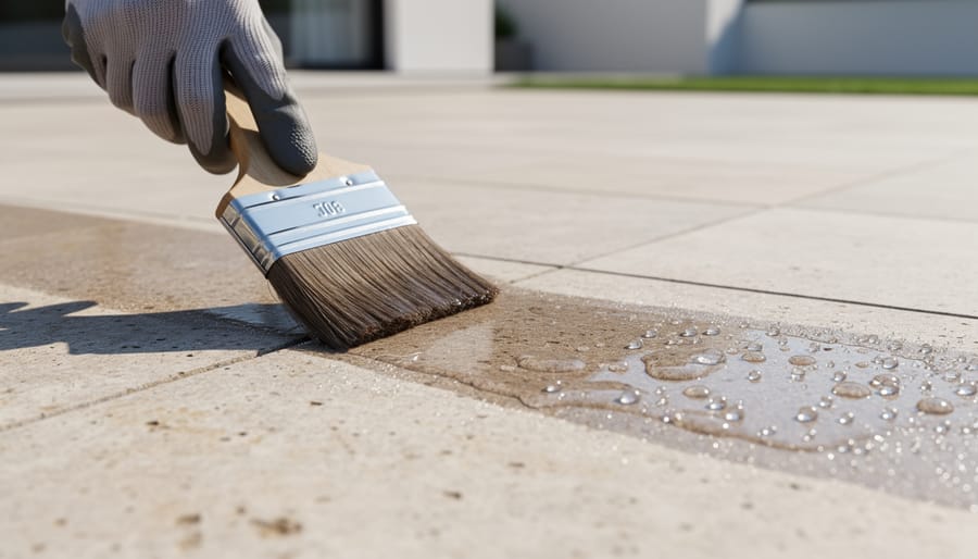 Stone professional applying protective sealer to limestone patio pavers
