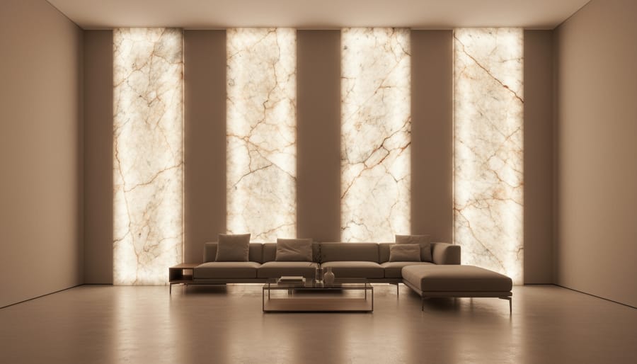 Modern living room with illuminated translucent marble wall panel creating warm ambient lighting