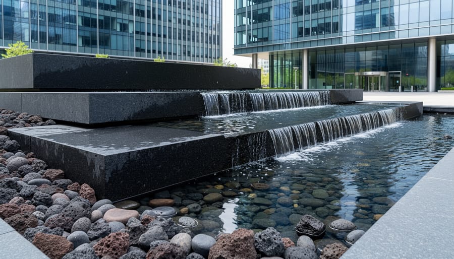 Modern basalt stone water wall feature in commercial landscape