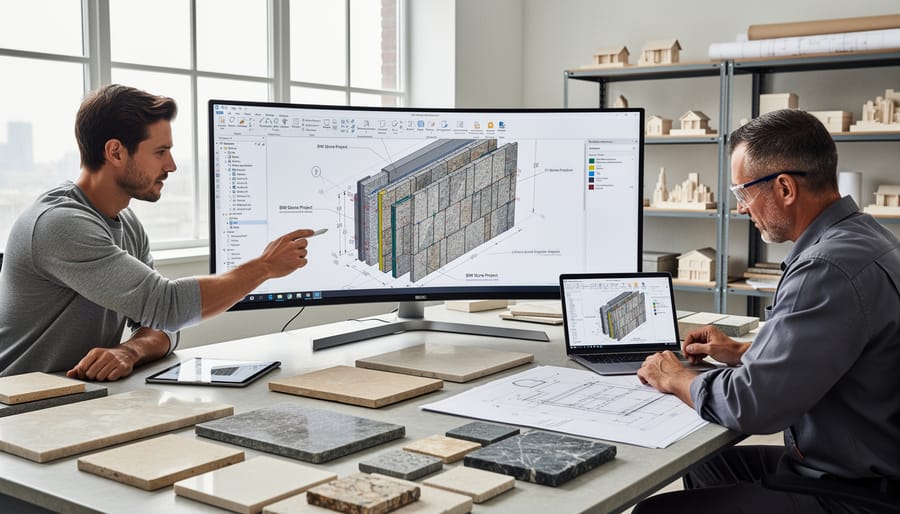 Architect reviewing 3D stone facade model on tablet with natural stone samples on desk