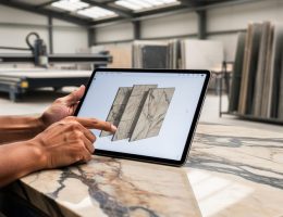 Stone fabricator’s hands pointing to a tablet with a 3D BIM model of vein-matched stone panels next to a polished marble slab in a workshop, with CNC machinery and stacked slabs blurred behind.