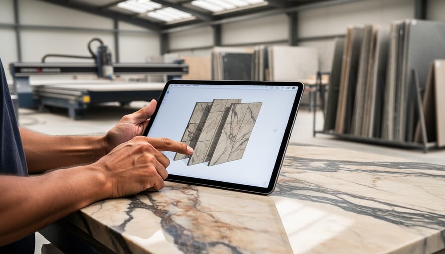 Stone fabricator’s hands pointing to a tablet with a 3D BIM model of vein-matched stone panels next to a polished marble slab in a workshop, with CNC machinery and stacked slabs blurred behind.