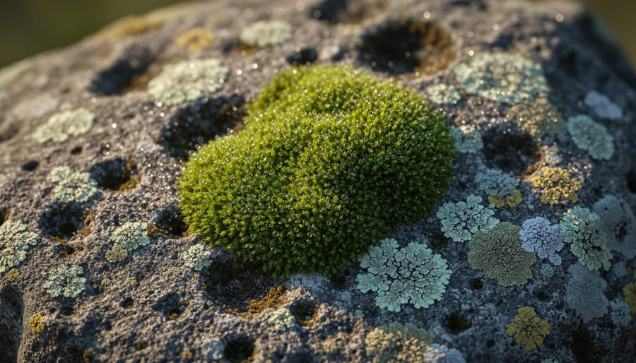 Close-up of moss and lichen growing on natural limestone surface