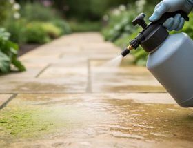 Close-up of a gloved hand spraying a clear biological solution from a pump sprayer onto a lightly green-stained limestone patio under soft overcast light, with blurred garden plants and the stone path receding in the background.