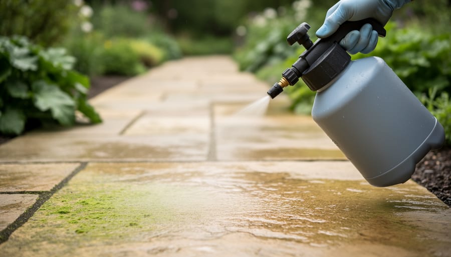 Close-up of a gloved hand spraying a clear biological solution from a pump sprayer onto a lightly green-stained limestone patio under soft overcast light, with blurred garden plants and the stone path receding in the background.