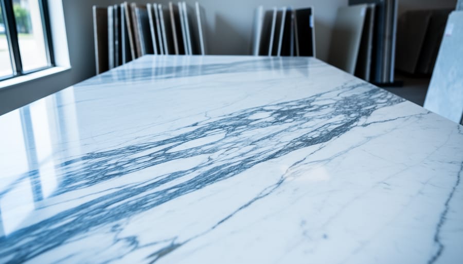 Close-up of polished white marble with natural blue-gray and charcoal veins, shot at a 45-degree angle in soft side daylight, with a blurred stone showroom and stacked slabs in the background.