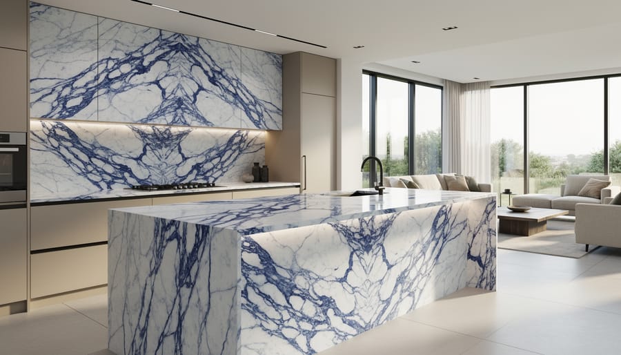Luxury bathroom featuring blue-veined marble countertop and wall installation