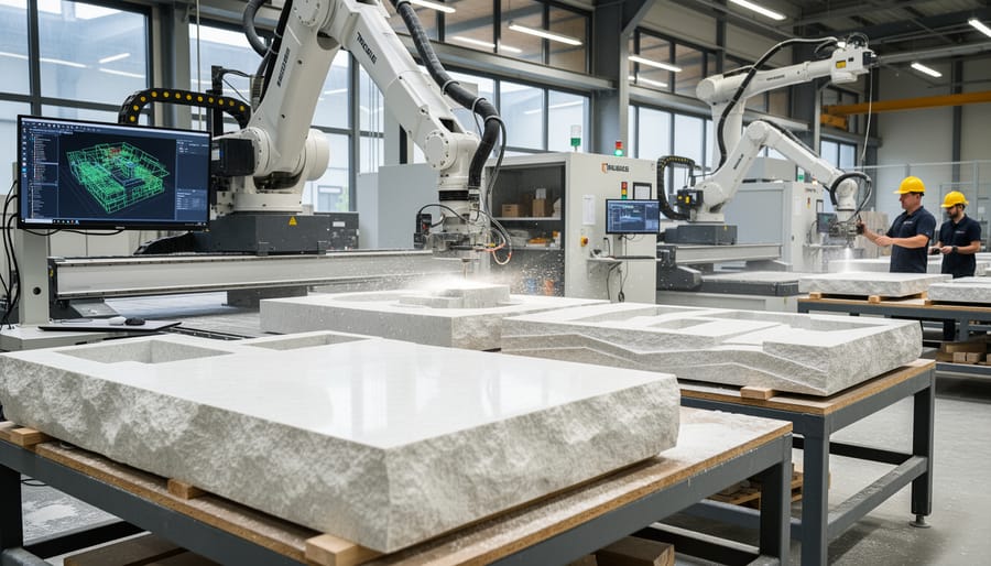 CNC waterjet machine cutting curved pattern into marble slab in fabrication workshop